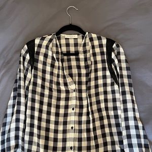 Sandro Black & White Checkered Blouse w/ Black Lace  Appliqué on Shoulders Sz 2